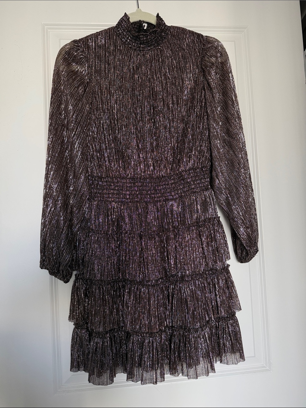 1STATE Metallic Plum Long-Sleeve Tiered Dress